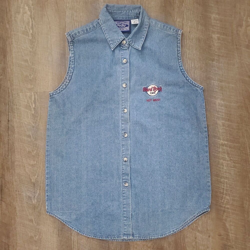 VTG Hard Rock Cafe Key West Denim Shirt Size Large Sleeveless Button Front